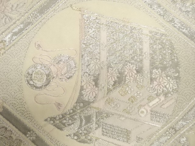  格天井に草花・屋敷風景模様織り出し　袋帯